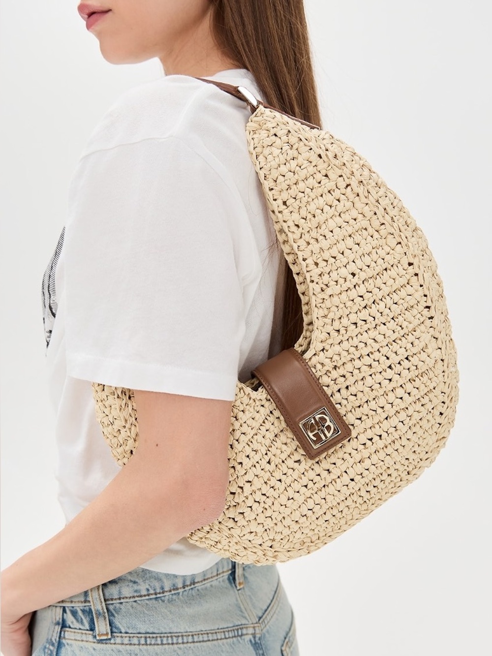 Anine Bing Raffia Lou Shoulder Bag Beach Purse Vacation Handbag Monogram NWT